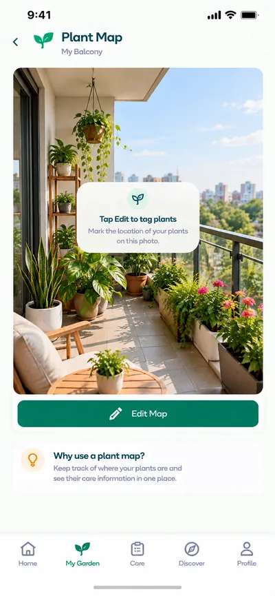 Plantiqo garden photo map of a sunny balcony with tagged plants
