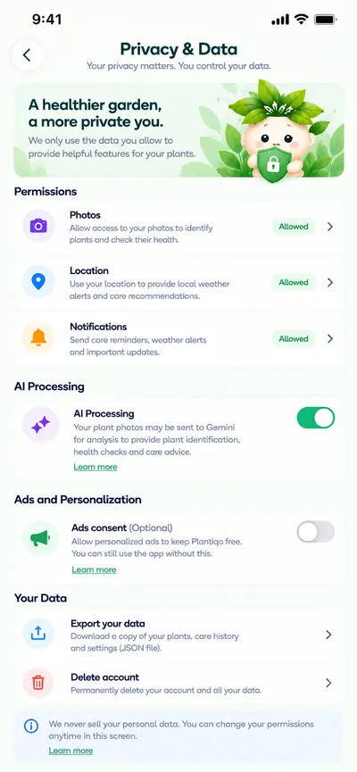Plantiqo Privacy & Data settings with permissions, AI processing and optional ad consent