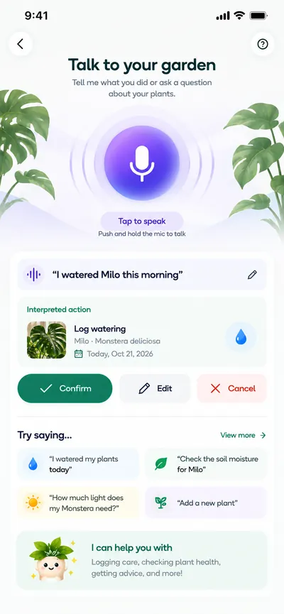 Plantiqo voice assistant interpreting “I watered Milo this morning” as a watering log awaiting confirmation